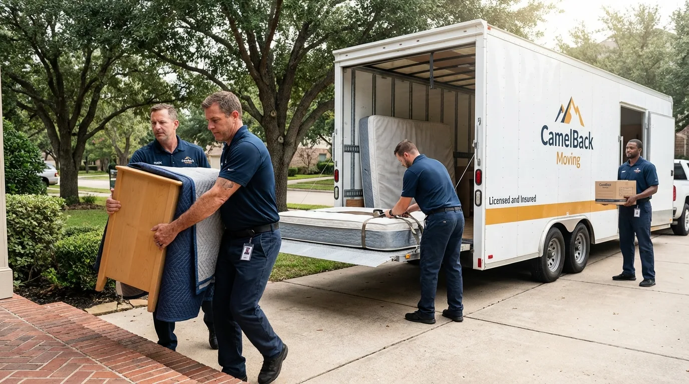Crew loading residential truck for cross-state move from Northridge, CA