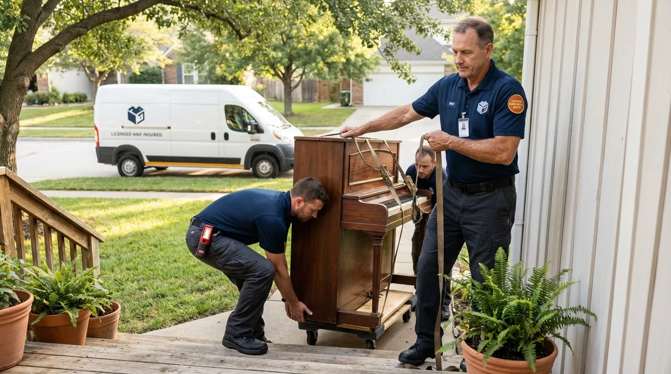 Licensed piano movers securing grand piano in Northridge, CA