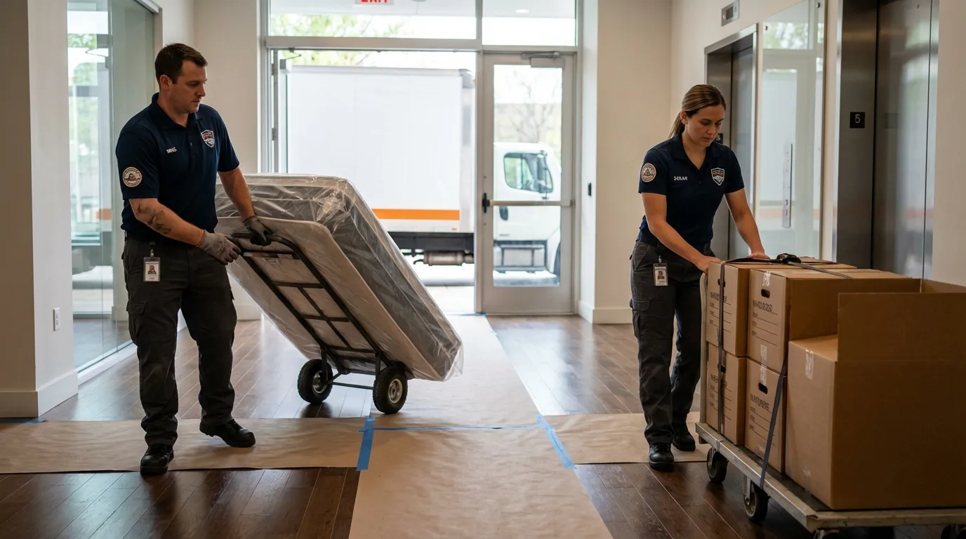 Professional apartment movers loading elevator in Northridge, CA